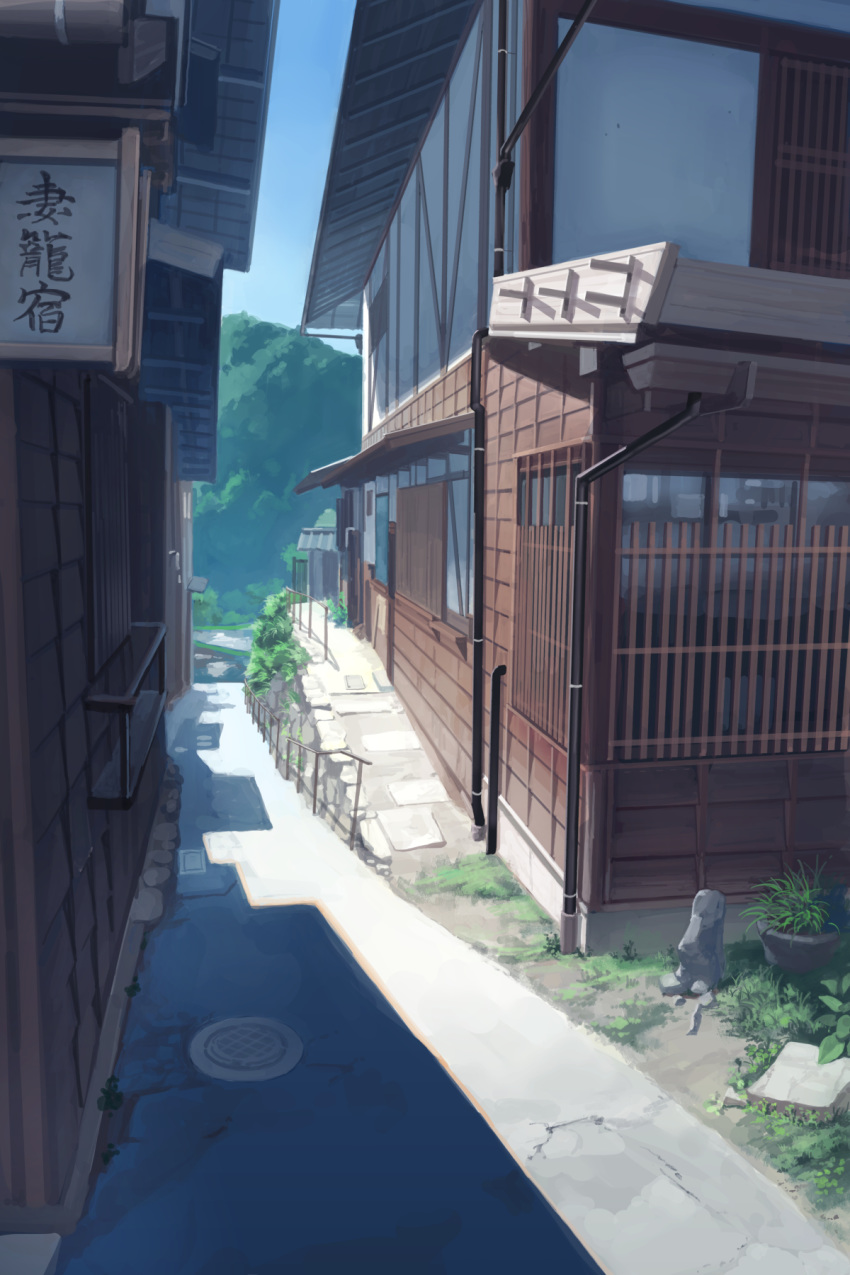blue_sky building commentary_request day eichisu grass highres hill house no_humans original plant potted_plant road scenery sign sky street