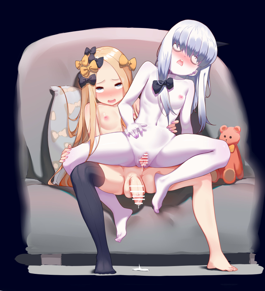 2girls abigail_williams_(fate/grand_order) absurdres albino bags_under_eyes bare_legs barefoot black_hair black_headwear blonde_hair blue_eyes breasts censored cum ejaculation erection fate/grand_order fate_(series) feet futa_with_female futanari highres huge_penis large_penis lavinia_whateley_(fate/grand_order) long_hair multiple_girls ninainaidesss nipples orgasm penis pussy reverse_upright_straddle sex small_breasts vaginal
