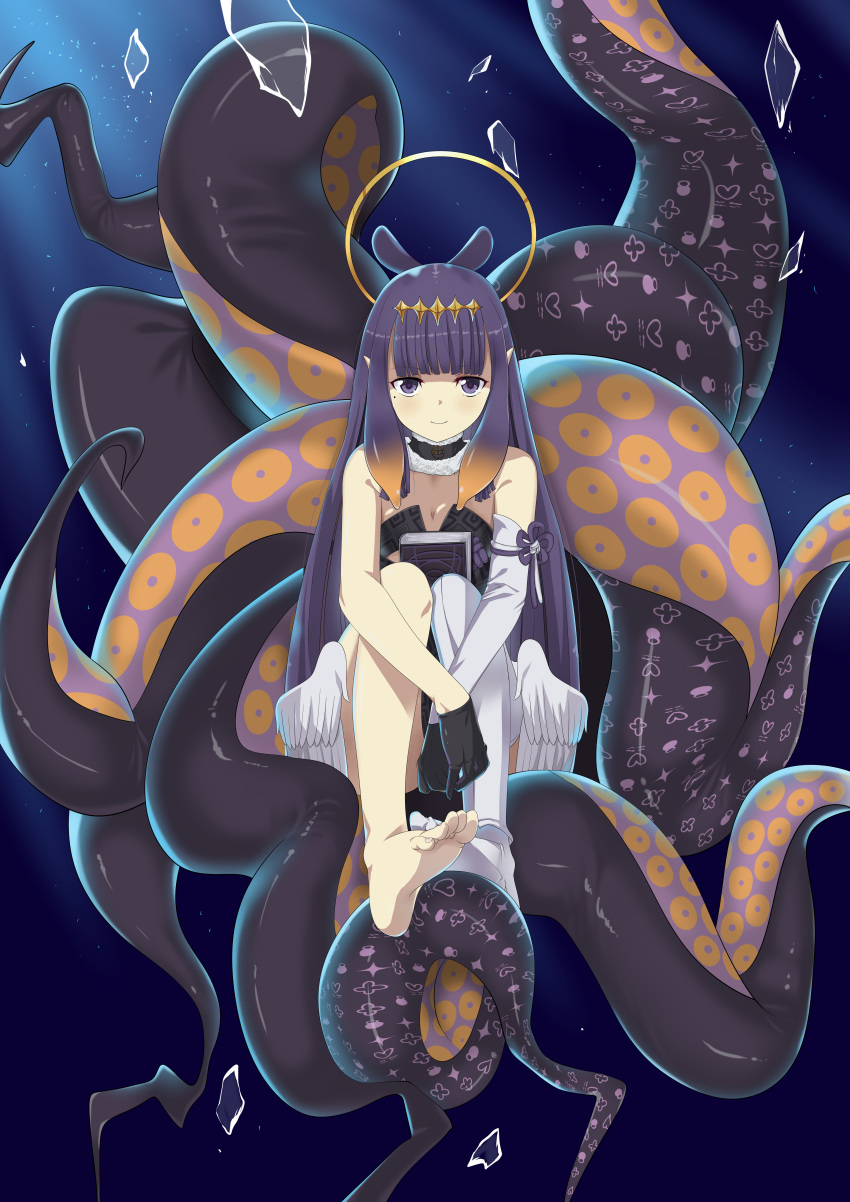 1girl absurdres arms_on_knees bangs bare_shoulders barefoot black_dress black_gloves blunt_bangs book_on_lap breasts detached_sleeves dress full_body fur_collar gloves halo highres hololive hololive_english long_hair looking_at_viewer low_wings mole mole_under_eye monster_girl ninomae_ina'nis pointy_ears purple_eyes purple_hair single_detached_sleeve single_thighhigh sitting small_breasts smile soles solo tentacle_hair tentacles thighhighs tiara toes virtual_youtuber wings yabu_q