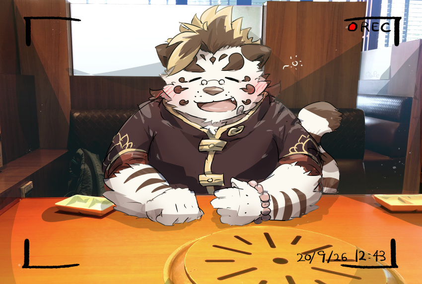 2020 absurd_res anthro eyes_closed eyewear felid fur glasses hi_res humanoid_hands kemono licho_(tas) male mammal pantherine raferafe real slightly_chubby solo tiger tokyo_afterschool_summoners video_games white_body white_fur