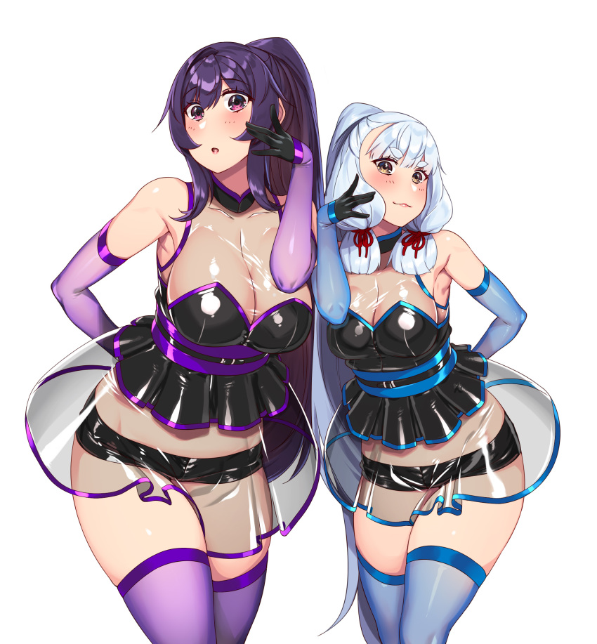 2girls alternate_costume alternate_hairstyle bangs black_gloves blue_gloves blue_legwear blunt_bangs breasts dress elbow_gloves gloves hair_ribbon hie_(hiememiko) hiememiko high_ponytail highres kantai_collection large_breasts latex_dress long_hair multicolored multicolored_clothes multicolored_gloves multiple_girls murakumo_(kantai_collection) orange_eyes original ponytail purple_eyes purple_gloves purple_hair purple_legwear ribbon see-through see-through_dress short_dress short_eyebrows sidelocks sleeveless sleeveless_dress standing thighs tress_ribbon