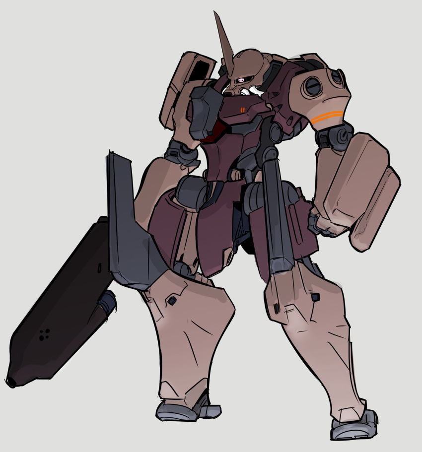 clenched_hand grey_background gundam highres holding holding_sword holding_weapon horns looking_down mecha mobile_suit_gundam moi_moi7 no_humans one-eyed single_horn solo sword weapon zaku zeon