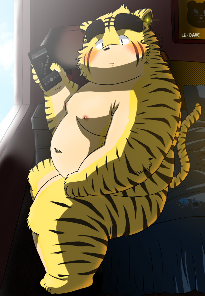 2015 absurd_res anthro bed belly blush cellphone debudave_12 felid furniture hi_res inside kemono male mammal moobs navel nipples overweight overweight_anthro overweight_male pantherine phone sitting smartphone solo tiger