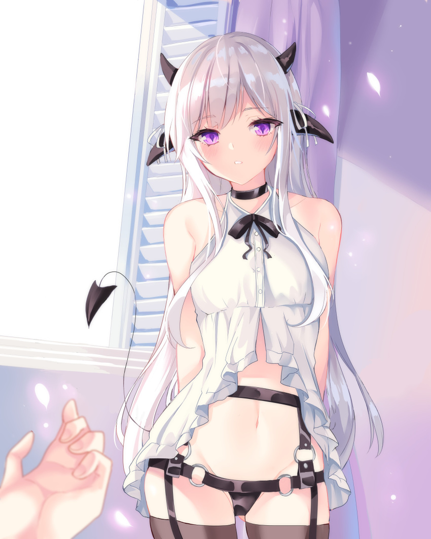 1girl absurdres arms_behind_back blush choker collarbone curtains demon_girl demon_horns demon_tail eris_(yaya_chan) garter_straps highres horns indoors looking_at_viewer navel original parted_lips pov pov_hands purple_eyes slit_pupils solo_focus standing sunlight tail thighhighs white_hair window yaya_chan