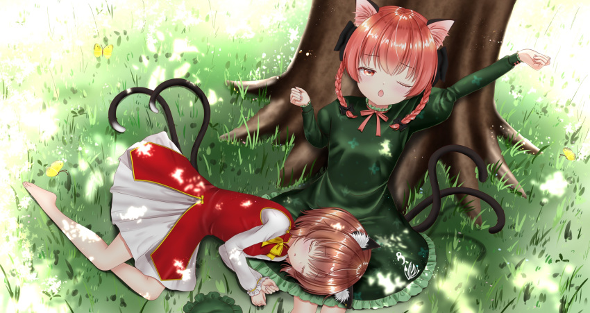 2girls against_tree animal_ear_fluff animal_ears arms_up barefoot braid brown_hair bug butterfly cat_ears cat_tail chen commentary dappled_sunlight day dress feet_out_of_frame fingernails green_dress hair_ribbon hat headwear_removed highres insect juliet_sleeves kaenbyou_rin lap_pillow layered_dress long_sleeves lying lying_on_person mob_cap multiple_girls multiple_tails neck_ribbon nyanyanoruru on_grass on_side one_eye_closed outdoors puffy_sleeves red_dress red_hair red_neckwear ribbon shiny shiny_hair short_hair sitting sleeping stretch sunlight tail touhou tree twin_braids under_tree white_dress yawning yuri