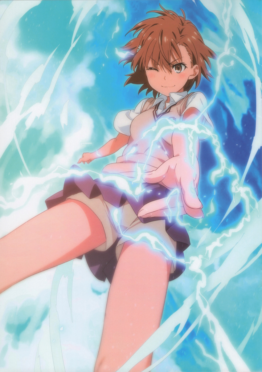 1girl absurdres biribiri brown_eyes brown_hair dress_shirt electricity foreshortening from_below grey_skirt highres isshi_pyuma looking_at_viewer misaka_mikoto number one_eye_closed pleated_skirt scan school_uniform shirt short_sleeves shorts shorts_under_skirt skirt solo sweater_vest to_aru_kagaku_no_railgun to_aru_majutsu_no_index white_shirt