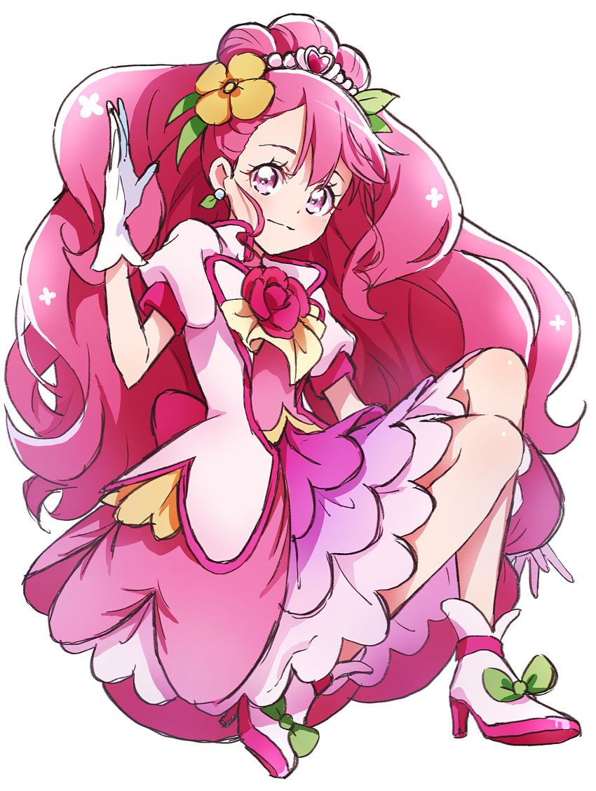 1girl closed_mouth commentary_request cure_grace dress earrings flower full_body gloves hair_flower hair_ornament hanadera_nodoka healin'_good_precure highres jewelry light_smile long_hair looking_at_viewer magical_girl pink_dress pink_eyes pink_hair precure puffy_short_sleeves puffy_sleeves short_sleeves simple_background solo very_long_hair white_background white_gloves yufu_toyomimasu