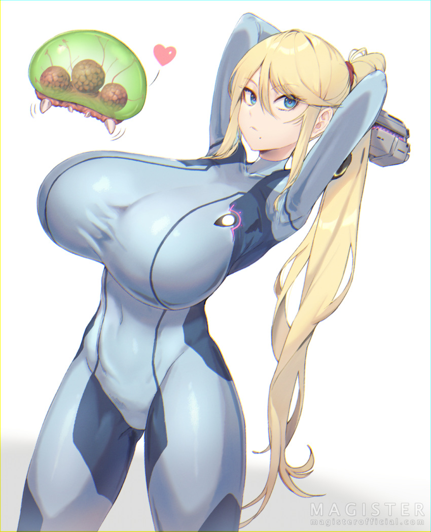 1girl alternate_breast_size arms_behind_head arms_up artist_name blonde_hair blue_bodysuit blue_eyes bodysuit breasts chromatic_aberration commentary covered_navel gun handgun heart highres huge_breasts impossible_bodysuit impossible_clothes long_hair magister_(bearibop) metroid metroid_(creature) mole mole_under_mouth ponytail samus_aran signature simple_background solo spoken_heart thighs very_long_hair weapon white_background zero_suit