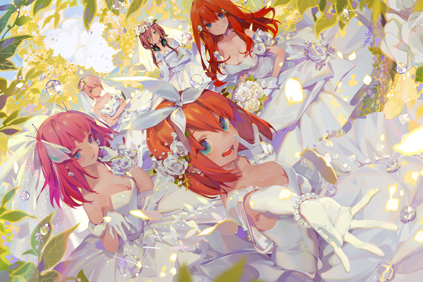 aqua_eyes brown_hair elbow_gloves flowers gloves go-toubun_no_hanayome headphones nakano_ichika nakano_itsuki nakano_miku nakano_nino nakano_yotsuba red_hair rose short_hair wedding_attire zero1510