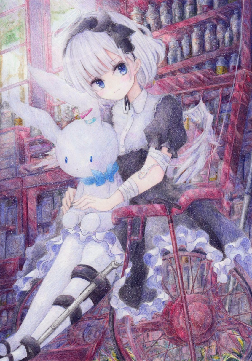 1girl angel angel_wings bandages bandaid bib black_dress blue_eyes blush bob_cut bow colored_pencil_(medium) darkkanan dress eyes_visible_through_hair gothic_lolita graphite_(medium) hair_bow hairband halo highres indoors intravenous_drip leg_brace lolita_fashion lolita_hairband looking_at_viewer original pantyhose short_hair sitting stuffed_animal stuffed_toy traditional_media walking_stick watercolor_(medium) wheelchair white_hair white_legwear wings