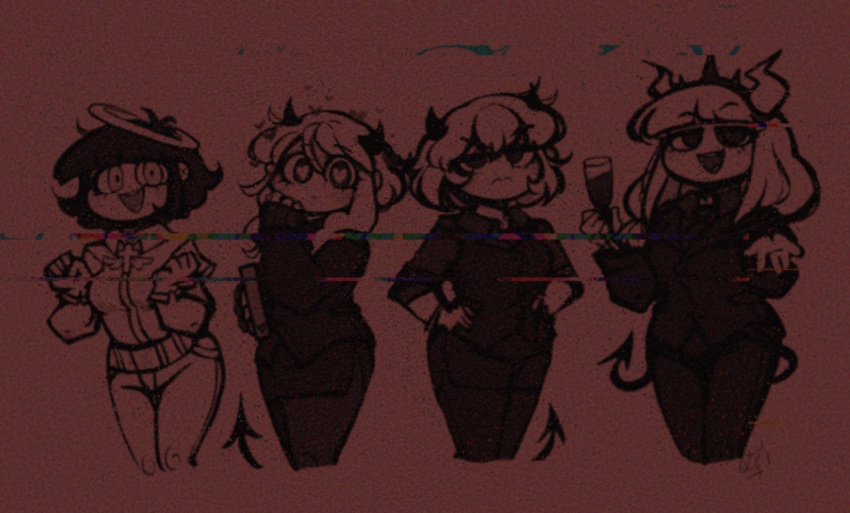 4girls angel azazel bracelet chibi cowboy_shot demon_girl demon_horns demon_tail doki_doki_literature_club frown glitch halo hand_on_hip helltaker horns jewelry leigh-chan looking_at_viewer lucifer malina_(helltaker) modeus_(helltaker) multiple_girls red_background tail