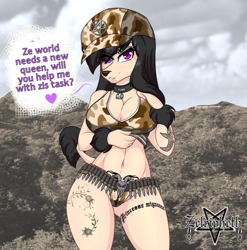 absurd_res alys_faiblesse_(zelripheth) anthro arm_tuft black_eyeshadow black_hair bone breast_grab breasts bullet_belt camo camo_clothing camo_print canid canine canis clothed clothing clothing_lift collar domestic_dog english_text eyebrow_piercing eyeshadow facial_piercing female hair hand_on_breast hat headgear headwear hi_res invalid_tag inviting lip_piercing lipstick makeup mammal navel outside pattern_clothing pentagram piercing poodle purple_eyes shirt skull tank_top tattoo tattoo_on_legs text thong topwear tuft underwear war womb_tattoo wrist_tuft zelripheth