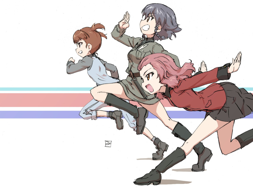 3girls :d ankle_boots anzio_military_uniform artist_name bangs belt black_belt black_footwear black_hair black_shirt black_skirt blue_footwear blue_jacket blue_pants blue_skirt blunt_bangs boots braid brown_eyes commentary dress_shirt erakin from_side girls_und_panzer grey_jacket grey_legwear grey_skirt grin hair_tie highres jacket keizoku_military_uniform knife leaning_forward long_sleeves medium_hair mikko_(girls_und_panzer) military military_uniform miniskirt multiple_girls open_mouth outstretched_arms pants pants_rolled_up pants_under_skirt pepperoni_(girls_und_panzer) pleated_skirt raglan_sleeves red_eyes red_hair red_jacket rosehip_(girls_und_panzer) running shirt short_hair short_twintails side_braid signature skirt smile socks spread_arms st._gloriana's_military_uniform standing track_jacket track_pants twintails uniform white_background
