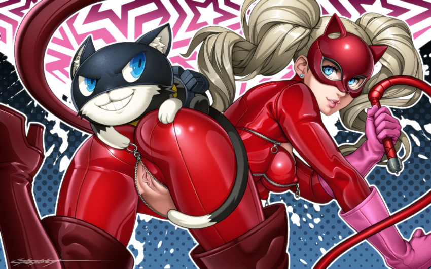 2017 ann_takamaki anthro atlus blonde_hair blue_eyes bodysuit breasts butt clothing costume duo erotibot felid feline female footwear fur genitals gloves hair hand_on_butt handwear hi_res human human_focus larger_female long_hair looking_at_viewer male mammal mask megami_tensei megami_tensei_persona morgana_(persona) naughty_face nipple_outline not_furry_focus pussy rubber rubber_suit signature size_difference skinsuit smaller_male smile teeth tight_clothing twintails_(hairstyle) video_games whip zipper