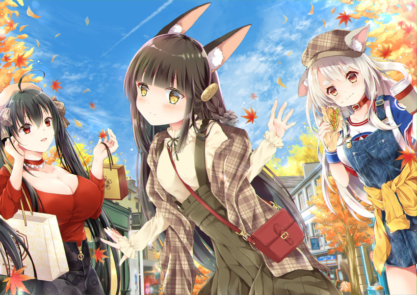 3girls :d ahoge alternate_costume animal_ears autumn autumn_leaves azur_lane bag belt black_hair blue_sky braid breasts brown_eyes building casual choker cleavage coffee_cup commentary_request contemporary cup disposable_cup dog_ears eating food food_on_face fox_ears hair_ornament handbag hat highres holding leaning_forward long_hair looking_at_viewer maya_(tirolpop) multiple_girls nagato_(azur_lane) neck_belt open_mouth red_eyes shopping_bag single_braid skirt sky smile suspender_skirt suspenders taihou_(azur_lane) tree twintails white_hair yellow_eyes yuudachi_(azur_lane)