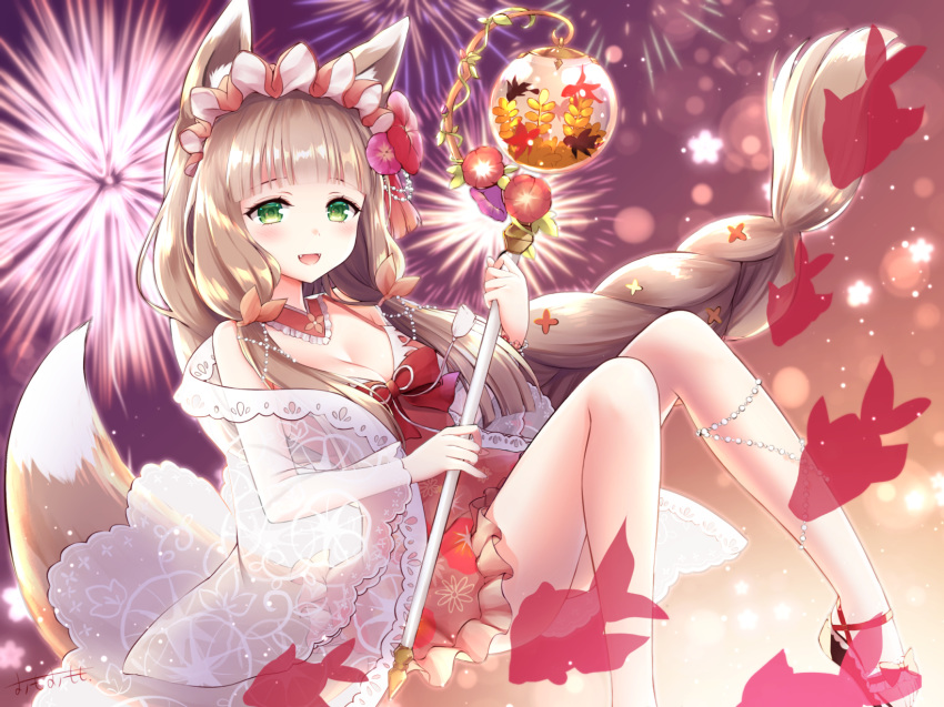 1girl :d aerial_fireworks animal_ear_fluff animal_ears bangs black_footwear braid brown_dress brown_hair brown_ribbon commentary_request dress eyebrows_behind_hair fang feet_out_of_frame fireworks floral_print fox_ears fox_girl fox_tail frilled_dress frills green_eyes hair_ribbon highres holding holding_staff knees_together_feet_apart knees_up long_hair long_sleeves looking_at_viewer maho_(princess_connect!) omoomomo open_clothes open_mouth princess_connect! princess_connect!_re:dive print_dress ribbon see-through shoes single_braid smile solo staff tail very_long_hair wide_sleeves