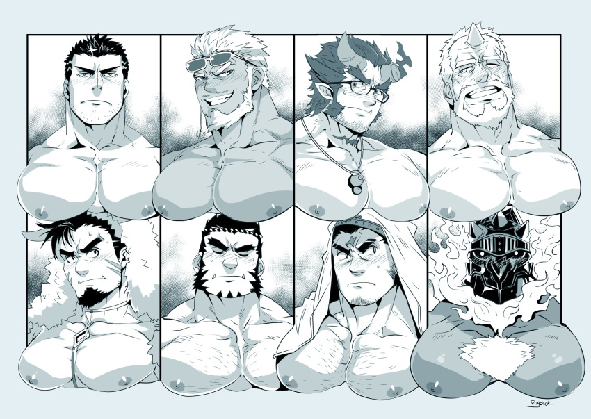 6+boys aegir_(tokyo_houkago_summoners) animal_hood bara bare_chest beard blush chest_hair closed_eyes eyewear_on_head facial_hair fang fire forehead_scar forked_eyebrows glasses goatee gullinbursti_(tokyo_houkago_summoners) hachimaki headband helmet highres hogen_(tokyo_houkago_summoners) hood horns jewelry male_focus manly monochrome multiple_boys muscle necklace nipples one_eye_closed oniwaka_(tokyo_houkago_summoners) pectoral_focus pectorals rybiokaoru short_hair sideburns smirk surtr_(tokyo_houkago_summoners) sweatdrop tajikarao_(tokyo_houkago_summoners) takemaru_(tokyo_houkago_summoners) thick_eyebrows tokyo_houkago_summoners zabaniya_(tokyo_houkago_summoners)