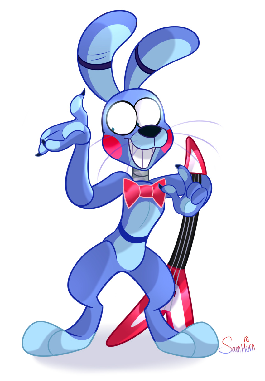 2018 alpha_channel animatronic blue_body blue_pawpads bow claws fingers five_nights_at_freddy's five_nights_at_freddy's_2 guitar hi_res lagomorph leporid machine male mammal musical_instrument pawpads plucked_string_instrument rabbit red_cheeks robot samhorn simple_background standing string_instrument toes toy_bonnie_(fnaf) transparent_background video_games whiskers