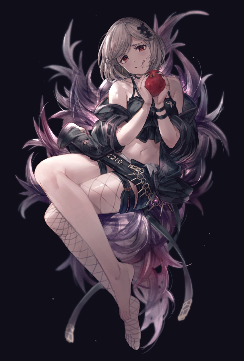 1girl :q absurdres alter_ego_malevolent_(granblue_fantasy) alternate_costume apple bangs bare_arms bare_legs bare_shoulders barefoot belt black_background black_camisole black_jacket black_nails black_shorts bracelet camisole choker commentary_request djeeta_(granblue_fantasy) feather_boa fishnet_legwear fishnets food fruit full_body granblue_fantasy hair_ornament highres holding holding_food holding_fruit jacket jewelry looking_at_viewer midriff milli_little red_eyes shorts silver_hair simple_background single_leg_pantyhose solo tagme tongue tongue_out x_hair_ornament