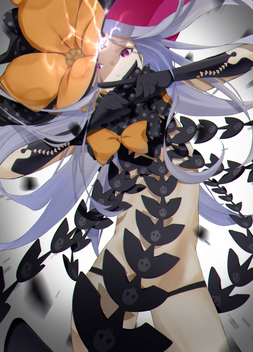 1girl abigail_williams_(fate/grand_order) absurdres artist_request bangs bare_shoulders black_bow black_headwear black_panties bow breasts crossed_fingers fate/grand_order fate_(series) forehead hat highres keyhole long_hair multiple_bows orange_bow panties parted_bangs purple_eyes skull_print small_breasts thighs third_eye underwear white_hair white_skin witch_hat