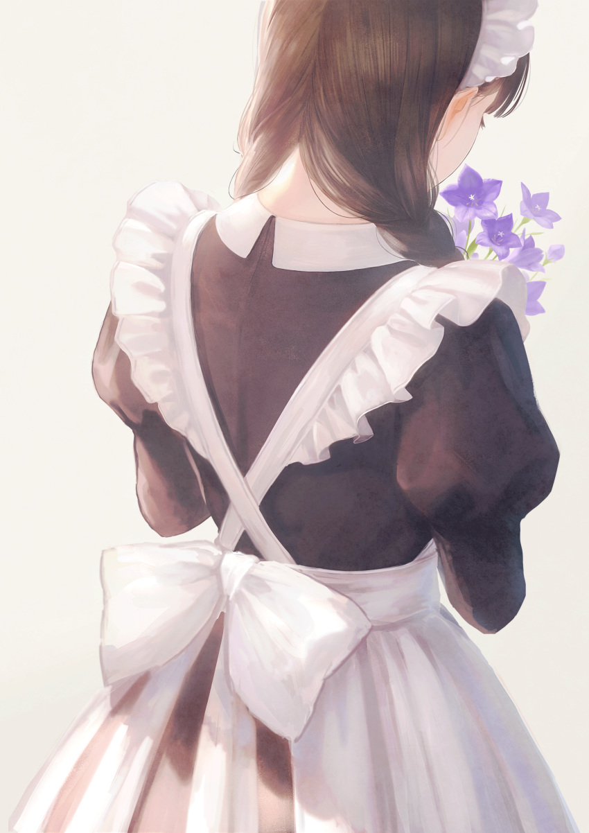 1girl absurdres alternate_costume apron braid brown_hair enmaided flower frills from_behind highres long_hair maid maid_apron maid_dress maid_headdress original romiy simple_background solo standing twintails