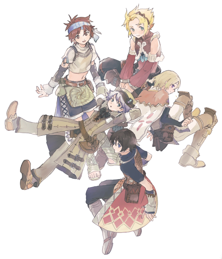 5boys abuku arm_pillow arms_behind_head azel_(rune_factory) bare_shoulders belt belt_pouch black_hair blonde_hair blue_eyes blush bob_cut boots bow bowtie brown_eyes brown_hair cape coat detached_sleeves floating hairband headband highres kyle_(rune_factory) lest_(rune_factory) long_sleeves looking_at_viewer looking_back lying male_focus mice_(rune_factory) midriff multiple_boys on_back pants pouch profile purple_eyes raguna rune_factory rune_factory_1 rune_factory_2 rune_factory_3 rune_factory_4 rune_factory_oceans sandals shoe_soles shoes short_sleeves shorts silver_hair simple_background sitting smile waist_cape white_background