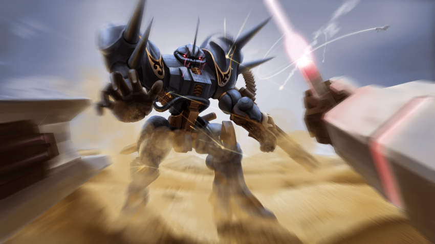 arm_cannon battle beam_saber cloud commentary commentary_request condensation_trail desert dust flying glowing glowing_eyes gouf gundam highres johnsonwaye mecha mobile_suit_gundam motion_blur no_humans original realistic red_eyes redesign rx-78-2 science_fiction shield spikes weapon zeon