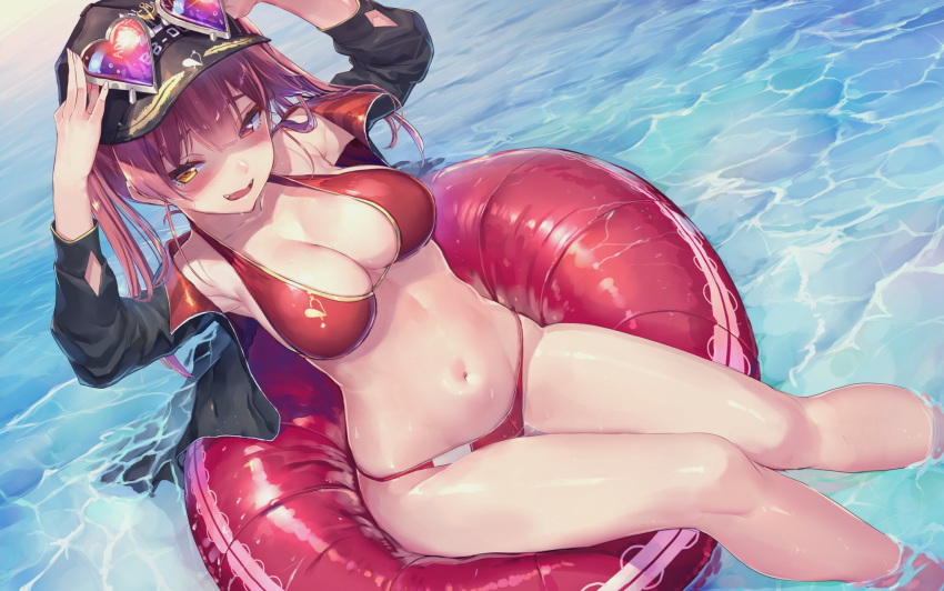 1girl :d akasaai armpits arms_up bangs baseball_cap bikini black_jacket blush breasts cleavage commentary_request day dutch_angle eyewear_on_head eyewear_on_headwear grin halterneck hat heart heart-shaped_eyewear heterochromia highres hololive houshou_marine innertube jacket large_breasts long_sleeves navel off_shoulder on_water open_clothes open_jacket open_mouth outdoors red_bikini red_eyes red_hair shiny shiny_skin sitting smile soaking_feet stomach string_bikini swimsuit thighs twintails virtual_youtuber wet yellow_eyes