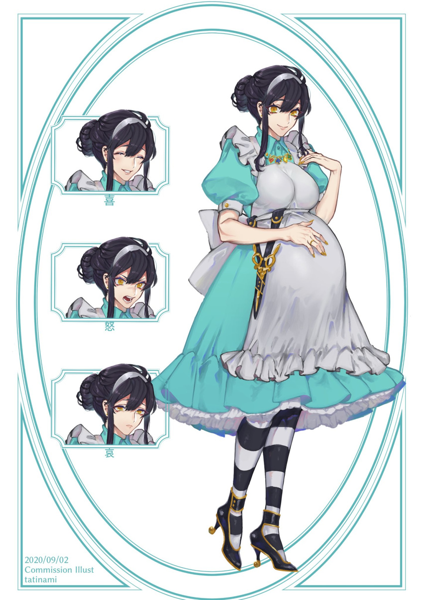 1girl angry black_hair black_legwear blush character_sheet closed_eyes closed_mouth commision dated english_text fingernails frills hair_between_eyes hair_bun hairband high_heels highres jewelry long_hair multiple_views necklace original parted_lips pregnant puffy_sleeves ring sad scissors sheath sheathed silver_hairband smile solo striped striped_legwear tatinami teeth yellow_eyes yellow_nails