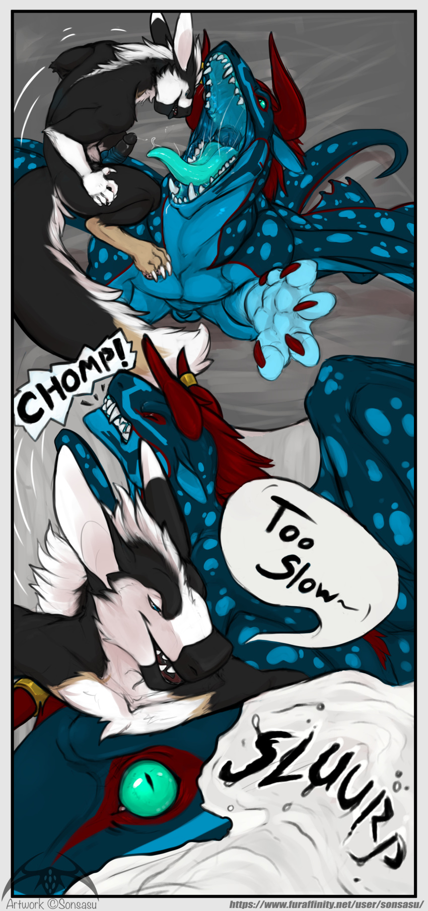 absurd_res animal_genitalia anthro balls comic dialogue dragon duo felkin feral fight fur furred_dragon genitals haloren hi_res horn_ring knot male male/male mouth_shot open_mouth penis sonsasu thash tongue vore wings