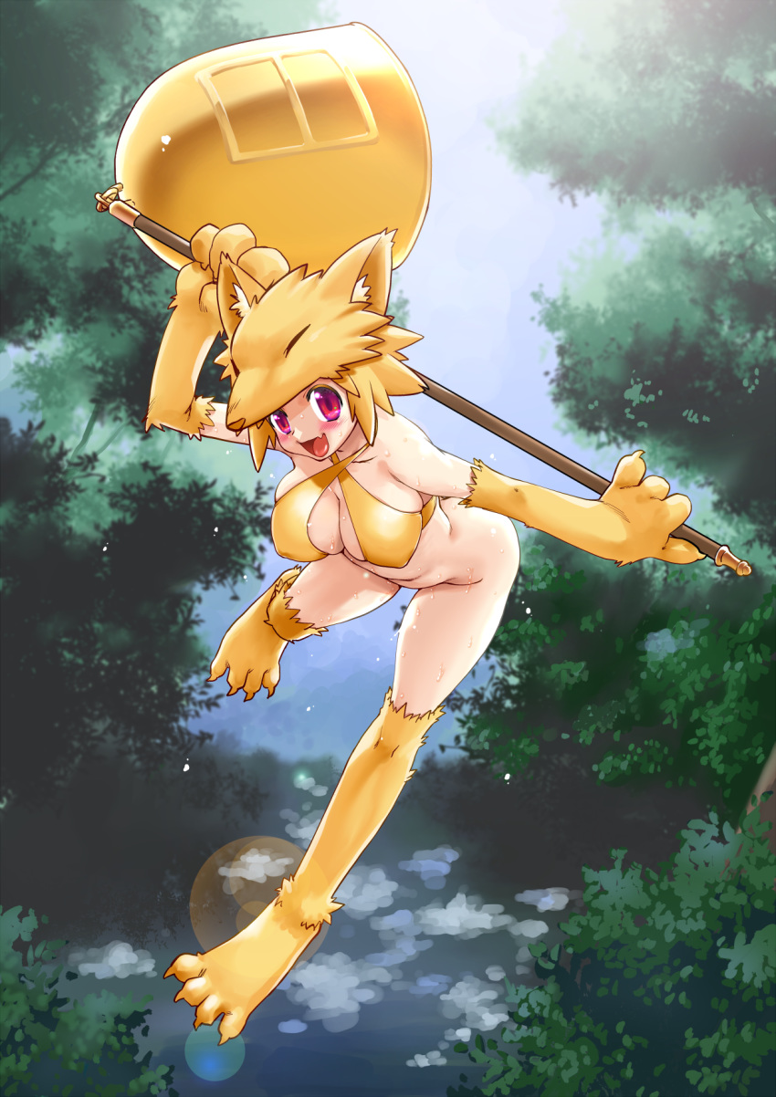 1girl animal_ear_fluff animal_ears animal_hat bare_shoulders bell blonde_hair bottomless breasts butt_crack commentary_request commission covered_nipples elbow_gloves fang forest fox_ears fox_girl fox_hat gloves halter_top halterneck hat highres holding holding_staff holding_weapon large_breasts lens_flare looking_at_viewer moonlight_flower nature open_mouth paws ragnarok_online red_eyes shimamoto_harumi short_hair skeb_commission skin_fang solo staff stomach sweat thighhighs tree weapon yellow_fur yellow_gloves yellow_legwear