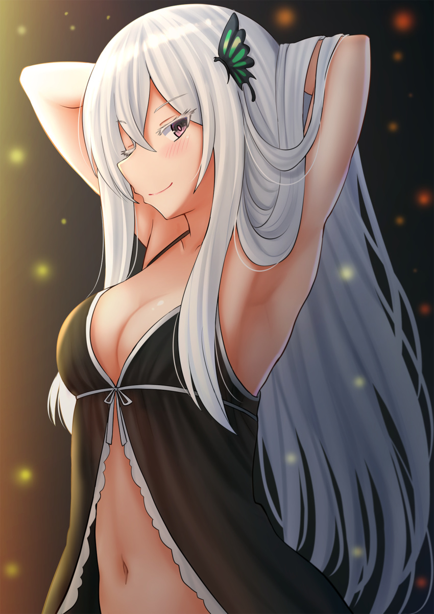 1girl ;) armpits arms_behind_head arms_up babydoll bangs blush breasts brown_eyes butterfly_hair_ornament cleavage closed_mouth collarbone colored_eyelashes commentary echidna_(re:zero) eyebrows_visible_through_hair hair_between_eyes hair_ornament hands_in_hair highres kazenokaze long_hair looking_at_viewer medium_breasts navel one_eye_closed re:zero_kara_hajimeru_isekai_seikatsu silver_hair smile solo very_long_hair