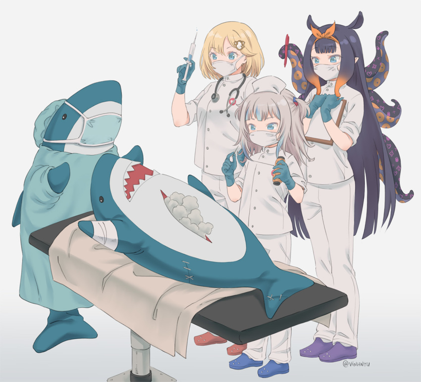 3girls alternate_costume aqua_eyes black_hair blonde_hair blue_eyes blue_gloves blue_hair commentary english_commentary eyebrows_visible_through_hair gawr_gura gloves grey_hair hair_ornament hairclip highres holding holding_notepad holding_syringe hololive hololive_english ikea_shark long_hair mask mouth_mask multicolored_hair multiple_girls needle ninomae_ina'nis notepad operating_table pants pen pointy_ears shirt short_hair spool stethoscope streaked_hair stuffed_animal stuffed_shark stuffed_toy stuffing surgeon_simulator surgery surgical_mask syringe tentacles thread twitter_username two-tone_hair two_side_up very_long_hair vinhnyu virtual_youtuber watson_amelia white_pants white_shirt