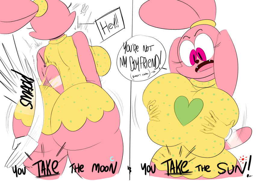 annoyed anthro big_breasts big_butt breast_grab breast_squish breasts butt butt_slap cartoon_network chowder_(series) clothing dress duo female fur hand_on_breast hi_res lagomorph leporid mammal ota_(artist) panini_(chowder) pink_body pink_fur rabbit slap squish teeth