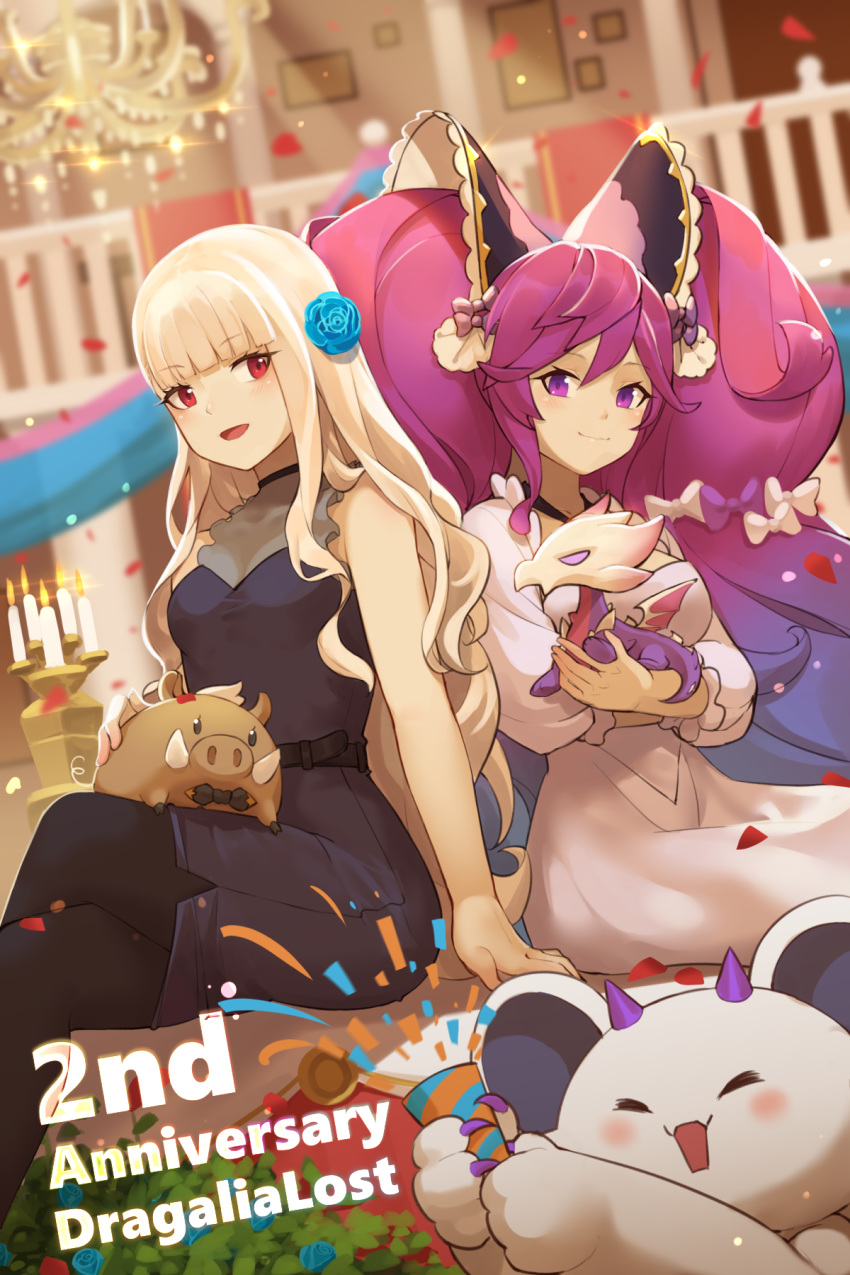 2girls :d animal anniversary bangs bare_arms bare_shoulders black_dress black_legwear blonde_hair blunt_bangs blurry blurry_background boar candle chandelier cleo_(dragalia_lost) closed_mouth commentary copyright_name crossed_legs depth_of_field dragalia_lost dress english_commentary eyebrows_visible_through_hair fire gradient_hair hair_between_eyes hentaki highres indoors long_hair long_sleeves multicolored_hair multiple_girls open_mouth pantyhose petals puffy_long_sleeves puffy_sleeves purple_eyes purple_hair railing red_eyes sazanka_(dragalia_lost) sitting sleeveless sleeveless_dress smile twintails very_long_hair white_dress