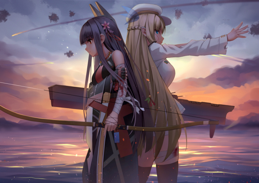 2girls akagi_(warship_girls_r) back-to-back bandaged_arm bandaged_leg bandages black_gloves black_hair black_kimono black_legwear blood blood_on_face blue_eyes bow_(weapon) braid breasts feather_hair_ornament fingerless_gloves flower french_braid gloves hair_flower hair_ornament headgear holding holding_bow_(weapon) holding_weapon jacket japanese_clothes kimono large_breasts lexington_(warship_girls_r) long_hair long_sleeves multiple_girls outdoors over-kneehighs platinum_blonde_hair red_eyes remodel_(warship_girls_r) short_shorts shorts standing thighhighs warship_girls_r weapon white_jacket white_shorts xiaoyin_li yumi_(bow)