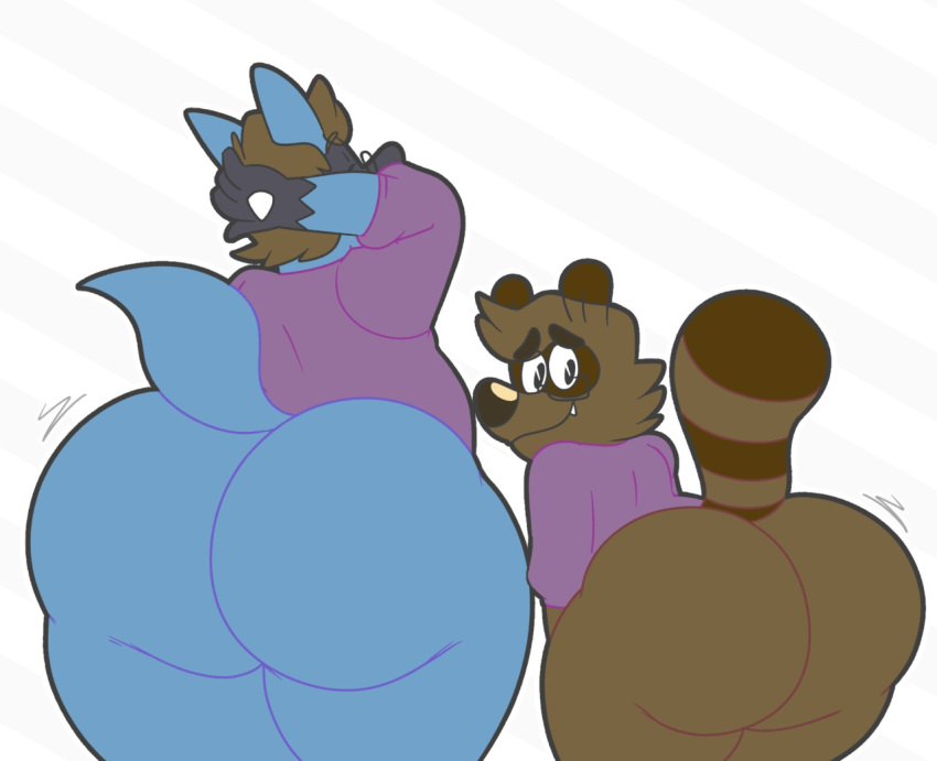 2018 ambiguous_gender anthro big_butt butt butt_focus canid canine clothed clothing colelucario digital_media_(artwork) duo eyewear fur glasses hair hand_on_head huge_butt looking_at_viewer looking_back male_(lore) mammal nintendo nonbinary_(lore) pok&eacute;mon pok&eacute;mon_(species) raccoon_dog simple_background tanuki thick_thighs topwear tuck_(colelucario) video_games wide_hips