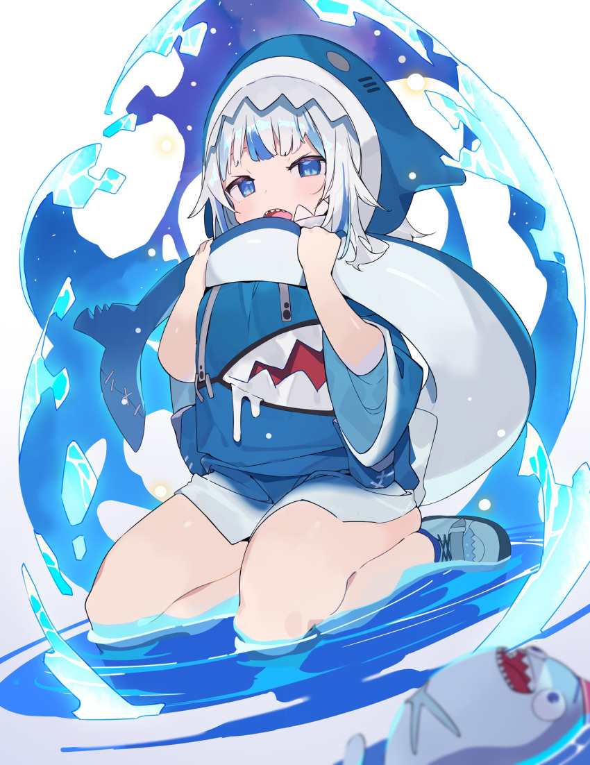 1girl animal_hood bloop_(gawr_gura) blue_eyes blue_hair blue_hoodie commentary_request gawr_gura hajime_(hajime-ill-1st) highres hololive hololive_english hood hood_up long_sleeves looking_at_viewer multicolored_hair open_mouth seiza shark shark_costume shark_girl shark_hood shark_print shark_tail sharp_teeth shoes short_hair silver_hair sitting sneakers solo streaked_hair tail teeth virtual_youtuber white_footwear wide_sleeves