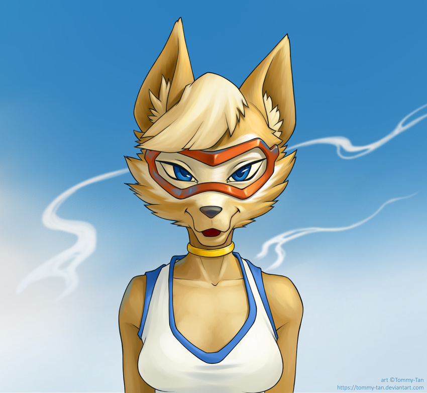 2018 anthro black_nose blue_clothing blue_eyes blue_pupils blue_shirt blue_topwear breasts brown_ears bust_portrait canid canine canis cheek_tuft clothing collar collarbone crossgender digital_drawing_(artwork) digital_media_(artwork) eyewear facial_markings facial_tuft female fifa front_view fur goggles gradient_background head_markings head_tuft hi_res inner_ear_fluff iris looking_at_viewer mammal markings mascot mask_(marking) medium_breasts monotone_body monotone_fur mtf_crossgender multicolored_clothing multicolored_shirt multicolored_topwear open_mouth open_smile portrait prick_ears pupils shirt signature simple_background smile smoke snout solo tan_body tan_fur tank_top text tommy-tan topwear tuft two_tone_clothing two_tone_shirt two_tone_topwear url white_clothing white_shirt white_topwear wolf zabivaka