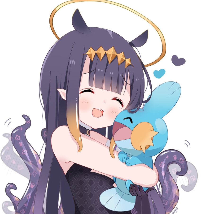 1girl :d ^_^ artist_name bangs bare_shoulders black_dress black_hair blush brown_hair closed_eyes commentary crossover deyui dress eyebrows_visible_through_hair gen_3_pokemon gradient_hair halo heart highres hololive hololive_english hug long_hair mudkip multicolored_hair ninomae_ina'nis open_mouth pointy_ears pokemon pokemon_(creature) sidelocks signature simple_background smile tentacles upper_body upper_teeth virtual_youtuber white_background