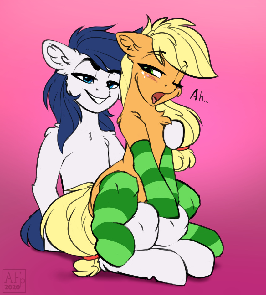 2020 absurd_res airfly-pony applejack_(mlp) armwear blonde_mane blue_eyes blue_mane blue_tail blush clothing constance_everheart duo elbow_gloves equid equine fan_character female feral footwear friendship_is_magic fur gloves green_clothing green_eyes green_legwear green_socks half-closed_eyes handwear hasbro hi_res horse legwear legwear_only looking_at_another male male/female mammal mane moan mostly_nude my_little_pony narrowed_eyes on_bottom on_lap on_top one_eye_closed open_mouth orange_body orange_fur pattern_clothing pattern_legwear pattern_socks pink_background pony reverse_cowgirl_position sex signature simple_background sitting smile socks socks_only striped_clothing striped_legwear striped_socks stripes text thigh_highs tongue tongue_out white_body white_fur yellow_tail