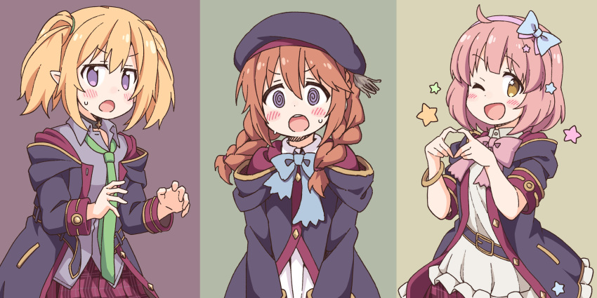 3girls :o ;d @_@ ahoge bangs beret black_coat black_headwear blonde_hair blue_bow blush bow braid brown_eyes brown_hair chieru_(princess_connect!) chloe_(princess_connect!) coat collared_dress commentary_request dress dress_shirt eyebrows_visible_through_hair frilled_coat frilled_shirt frills green_neckwear grey_shirt hair_between_eyes hair_bow hair_ornament hairband hat heart heart_hands highres hood hood_down hooded_coat long_hair looking_at_viewer multiple_girls necktie nekotoufu one_eye_closed open_mouth pink_bow pink_hair pink_hairband plaid plaid_skirt pleated_skirt pointy_ears princess_connect! princess_connect!_re:dive purple_eyes purple_skirt shirt short_sleeves skirt smile star_(symbol) star_hair_ornament star_in_eye sweat symbol_in_eye twin_braids twintails v-shaped_eyebrows white_dress white_shirt yuni_(princess_connect!)