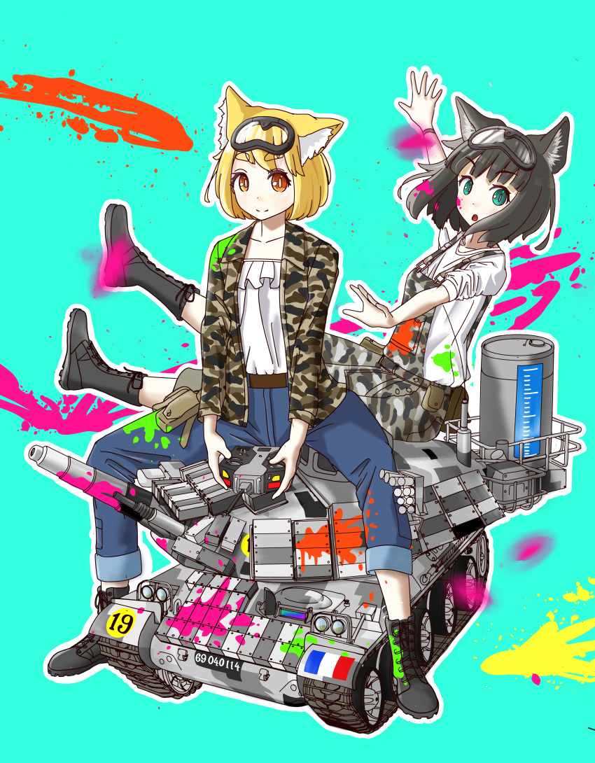 2girls absurdres amx_30 amx_30b amx_30b2_brenus animal_ears breasts camouflage_jacket cat_ears caterpillar_tracks commentary_request controller fox_ears france french_flag green_background green_eyes ground_vehicle gun highres huge_filesize izushi_(keeki) machine_gun military military_vehicle motor_vehicle multiple_girls open_mouth original overalls paint pants remote_control short_hair small_breasts smile tank weapon