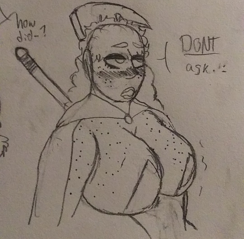 annoyed big_breasts blush breasts cape clothing corset curled_hair dialogue don't_starve embarrassed female freckles hair huge_breasts human human_focus human_only klei_entertainment lingerie male male/female mammal not_furry pasties solo topwear video_games weapon
