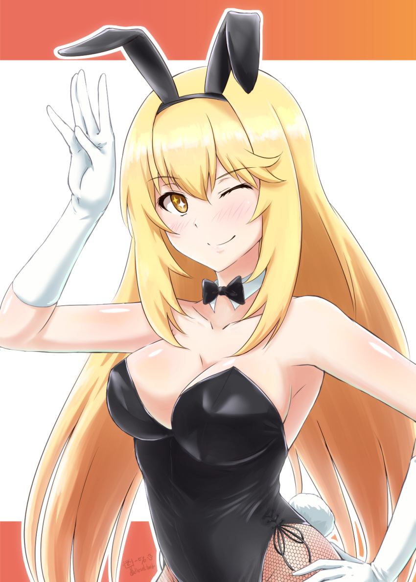 +_+ 1girl animal_ears bangs black_leotard blonde_hair blush breasts bunny_ears bunny_tail bunnysuit cleavage detached_collar diesel-turbo eyebrows_visible_through_hair fake_animal_ears fishnet_legwear fishnets gloves highres large_breasts leotard long_hair looking_at_viewer one_eye_closed pantyhose shokuhou_misaki smile solo strapless strapless_leotard tail to_aru_kagaku_no_railgun to_aru_majutsu_no_index two-tone_background white_gloves wrist_cuffs yellow_eyes