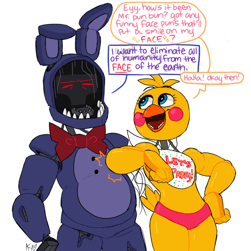 2020 animatronic anthro avian beak bib bird blue_eyes chicken clothing duo english_text eyes_closed feathers female five_nights_at_freddy's five_nights_at_freddy's_2 galliform gallus_(genus) hi_res lagomorph leporid long_ears machine mammal open_mouth panties phasianid pink_cheeks rabbit red_eyes ribbons robot simple_background snazzamazing tail_feathers teeth text toy_chica_(fnaf) underwear video_games white_background withered_bonnie_(fnaf) yellow_body