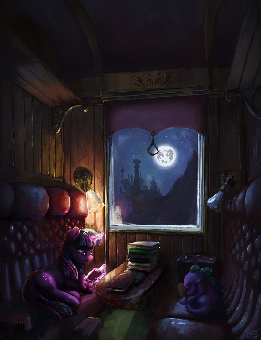 book duo equid equine friendship_is_magic hasbro hi_res horn inside mammal moon my_little_pony nemo2d night smile spike_(mlp) twilight_sparkle_(mlp) unicorn