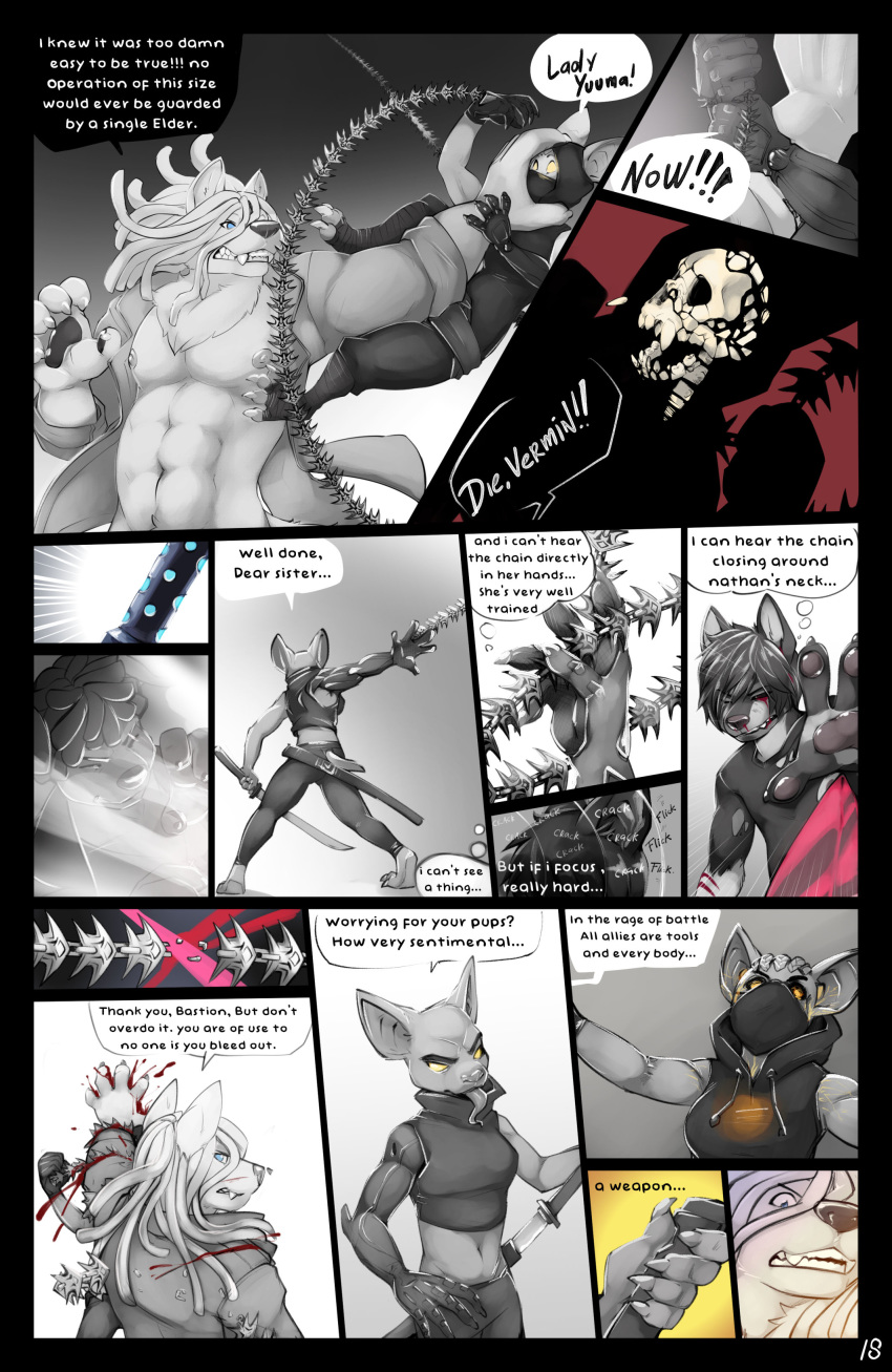 abs absurd_res anthro bastion bastion_(bastion) blood blue_eyes bodily_fluids bone canid canine canis chiropteran clenched_teeth clothed clothing comic dialogue english_text fangs female fur glowing glowing_eyes group hair hi_res jacket larger_male long_hair long_tongue male mammal midriff muscular muscular_anthro muscular_male nathan_(bastion) nipples open_clothing open_jacket open_topwear red_eyes restricted_palette size_difference skull smaller_female sound_effects speech_bubble teeth text thought_bubble tongue topwear violence whip wolf yellow_eyes
