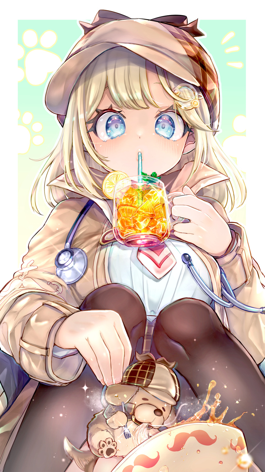 1girl animal bangs black_legwear blonde_hair blue_eyes blush breasts commentary_request cup deerstalker detective dog drinking_glass drinking_straw food fork from_below fruit hair_ornament hat highres holding holding_cup hololive hololive_english kamiya_zuzu large_breasts lemon lemon_slice long_hair long_sleeves looking_at_viewer mustache_print necktie noodles shirt sitting smile solo stethoscope virtual_youtuber watson_amelia