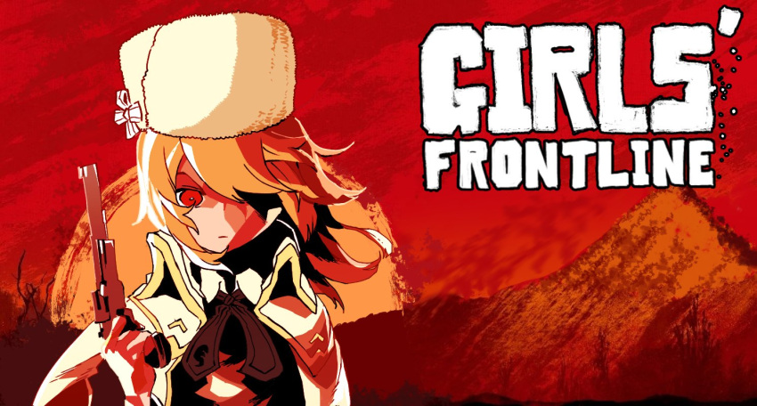 1girl blonde_hair character_request closed_mouth copyright_name finger_on_trigger fur_hat girls_frontline gun hand_up handgun hat holding holding_gun holding_weapon looking_at_viewer parody red_dead_redemption red_eyes red_theme revolver solo ssambatea weapon